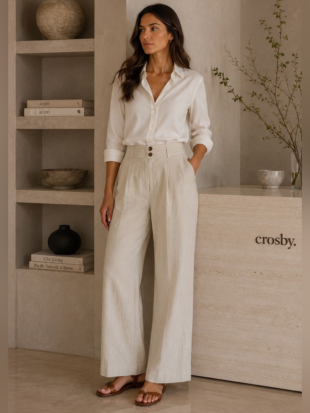 crosby. New LINEN Blend Wide Leg Straight Pleated Pants Style 1333 Size 12‎